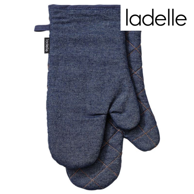Pair of blue denim oven mitts with quilting