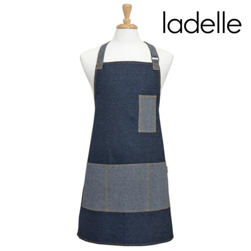 Blue denim apron with pockets and adjustable straps