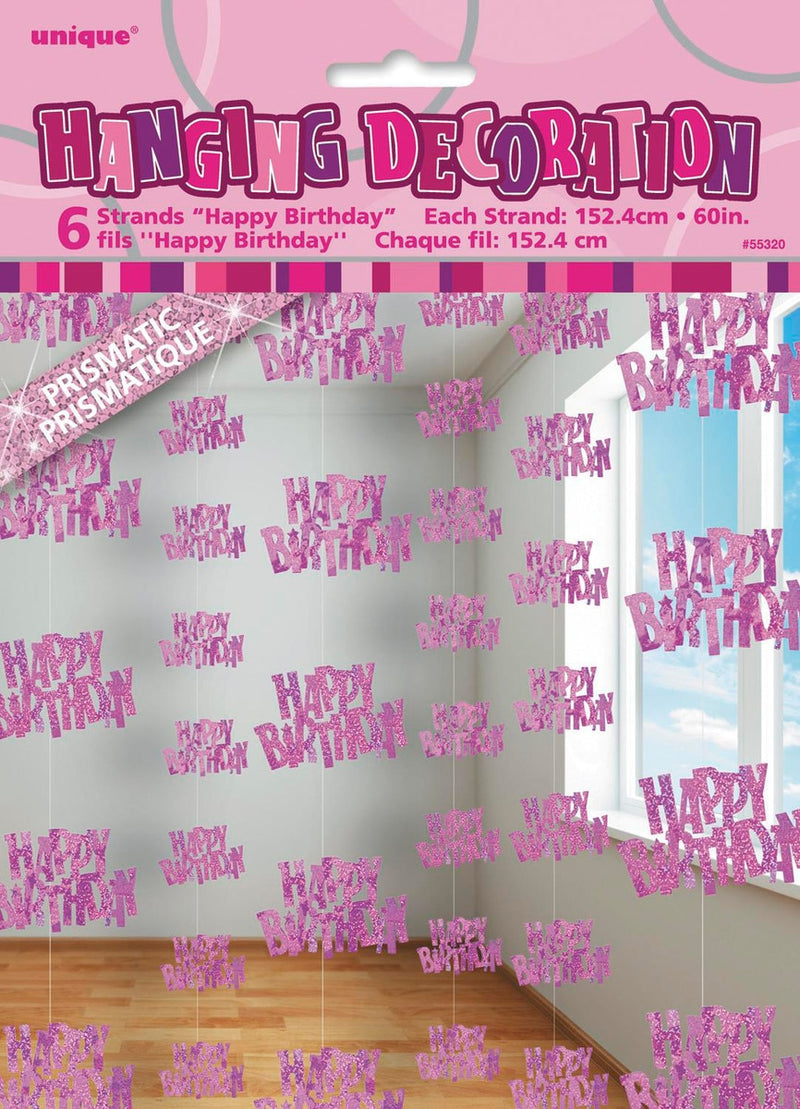 6 pack pink hanging swirl decorations happy birthday