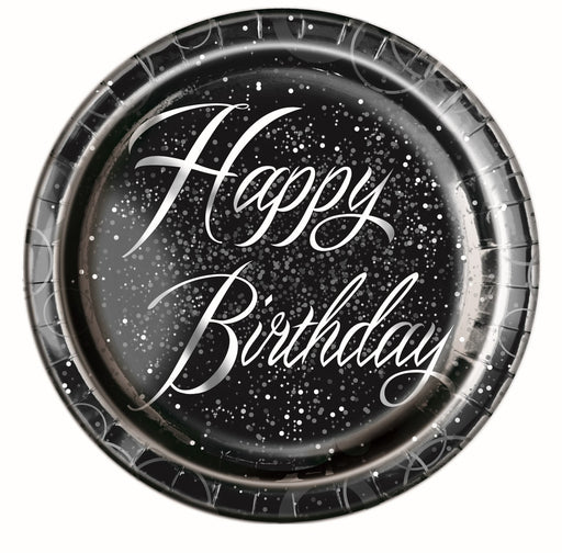 Pack of 8 silver foil stamped happy birthday plates