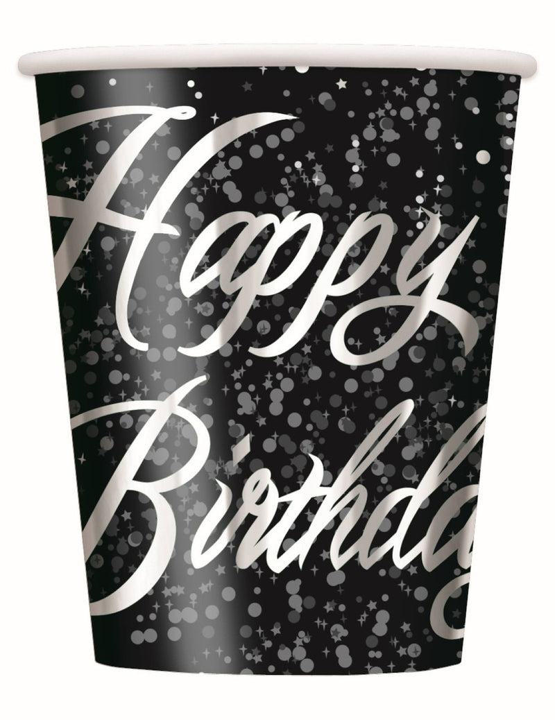 Pack of 8 silver foil stamped happy birthday cups