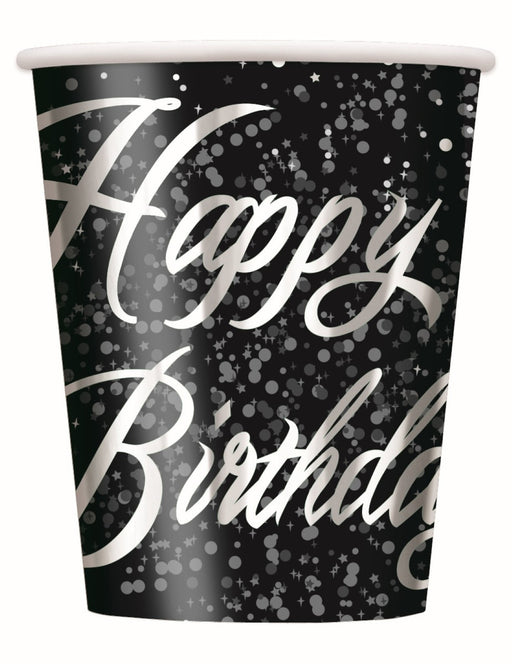 Pack of 8 silver foil stamped happy birthday cups