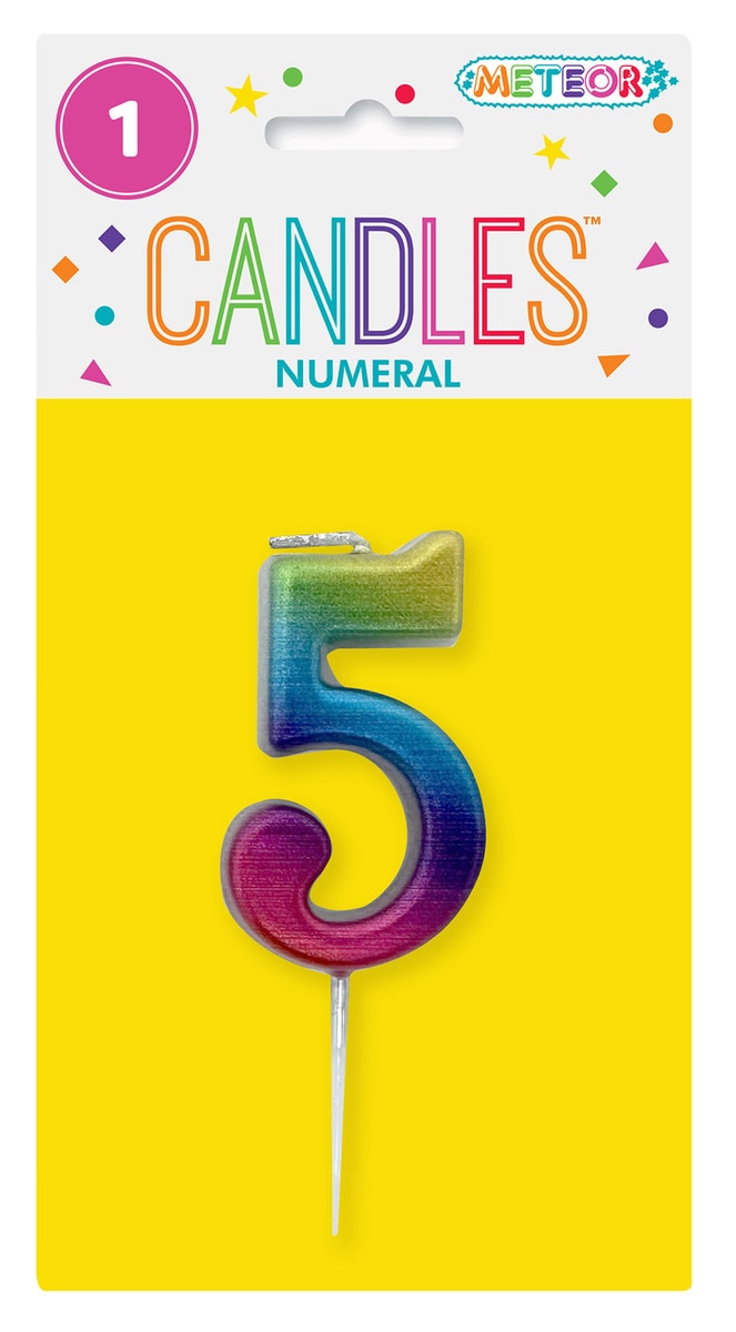 Mini metallic rainbow number 5 candle