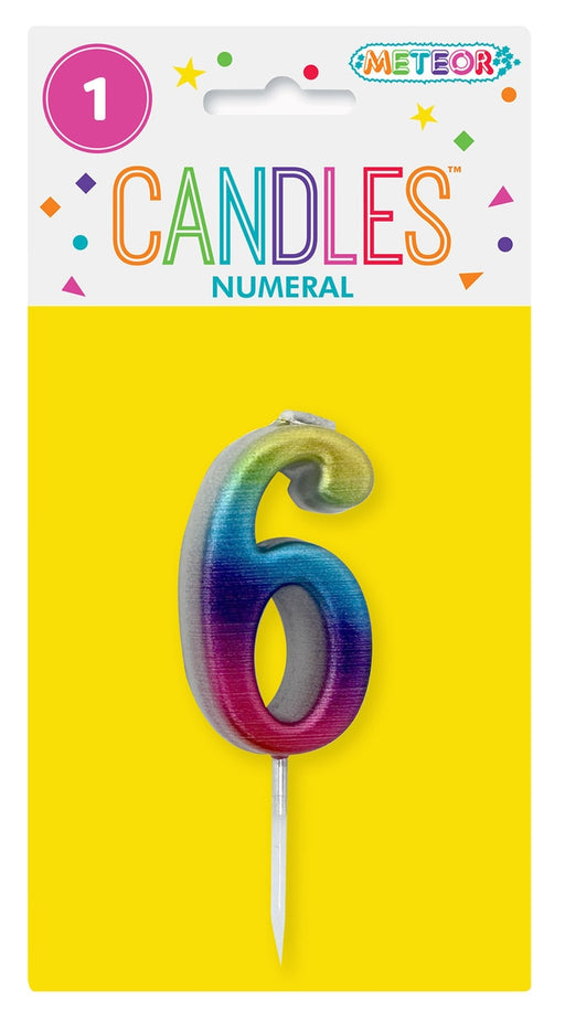 Mini metallic rainbow number 6 candle