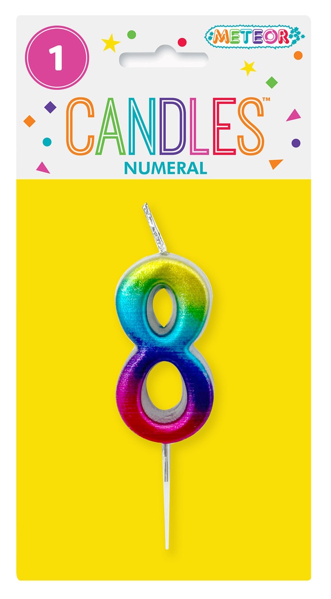 Mini metallic rainbow number 8 candle