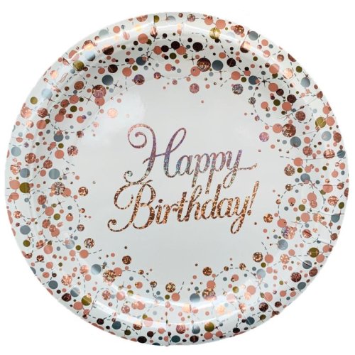 Rose gold happy birthday plates stack