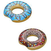 Two inflatable donut pool floats with colorful sprinkles on a white background