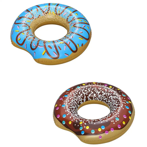 Two inflatable donut pool floats with colorful sprinkles on a white background