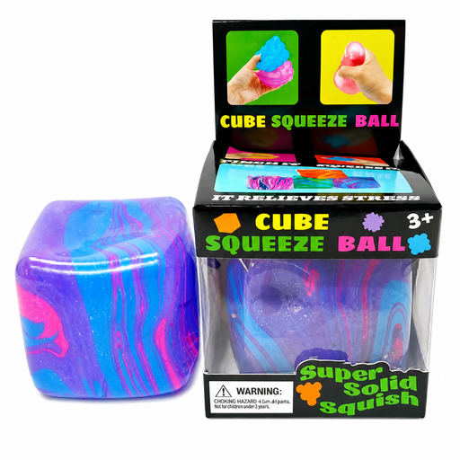 Cube Squeeze Ball with packaging on a white background