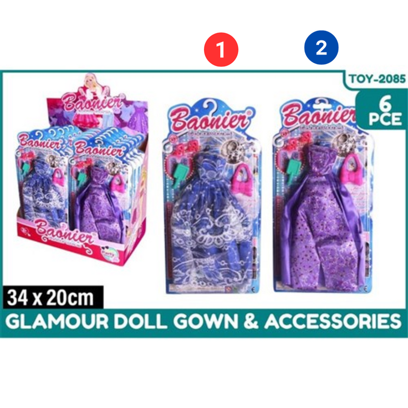 6Pce Glamour Doll Gown with Accessories Assorted