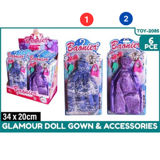 6Pce Glamour Doll Gown with Accessories Assorted