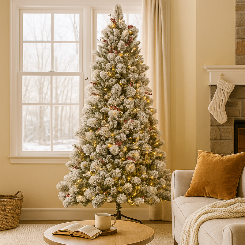 7.5ft (228cm) Snowy Bedford artificial Christmas tree with heavily flocked branches, creating a realistic snow-covered effect, perfect for a cozy winter theme.