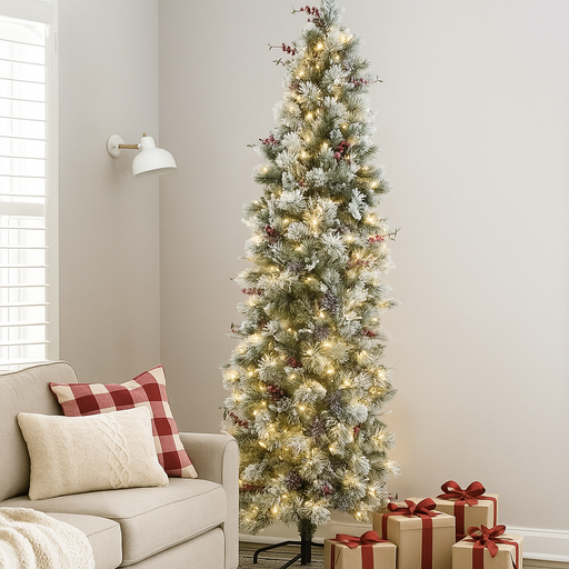 7.5ft Snowy Bedford Pre-Lit Christmas Tree with Warm White LED Lights and Realistic Snow-Dusted Branches