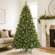 7.5ft Wintery Pine Christmas Tree with warm white twinkle lights and snow-dusted branches, perfect for elegant holiday décor.