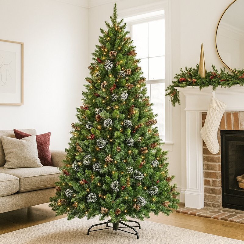 7.5ft Wintery Pine Christmas Tree with warm white twinkle lights and snow-dusted branches, perfect for elegant holiday décor.