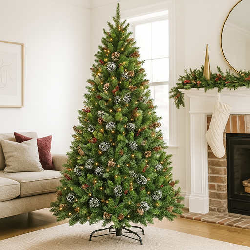 7.5ft Wintery Pine Christmas Tree with warm white twinkle lights and snow-dusted branches, perfect for elegant holiday décor.