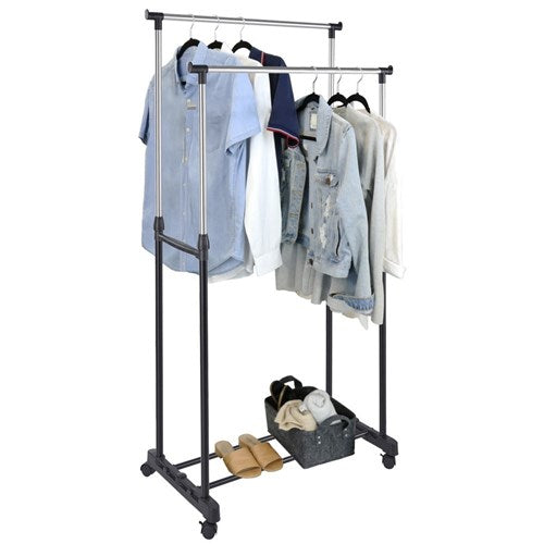 double garment rack with wheels for clothes storage