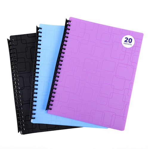 Assorted color A4 display folder with embossed pattern and 20 clear pockets