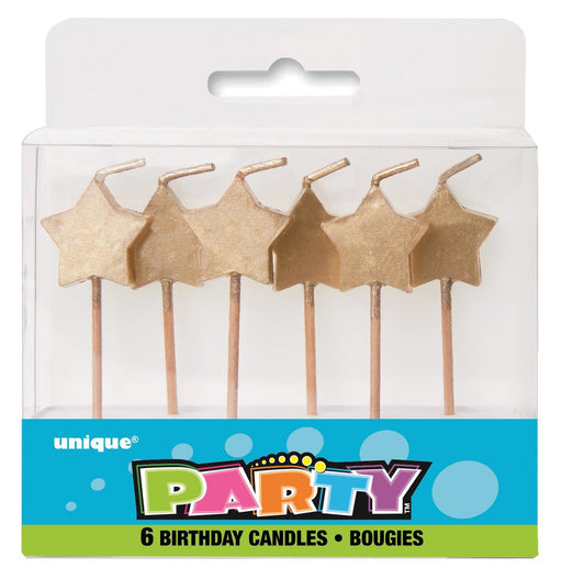 Pack of 6 gold glitter star shaped candles on picks