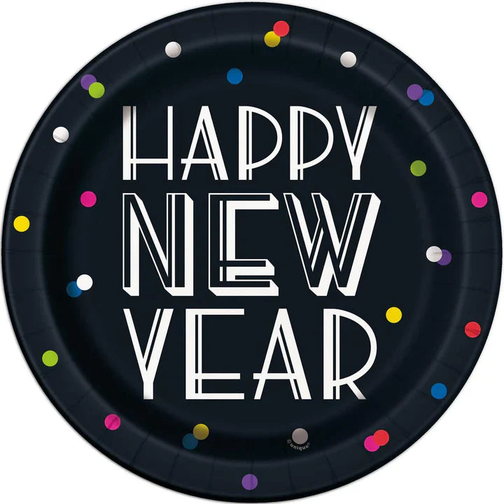 Neon dots New Year paper plates 9in
