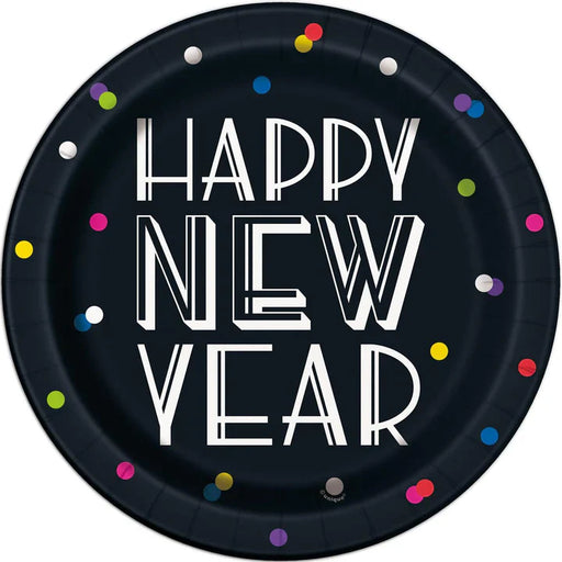 Neon dots New Year paper plates 9in