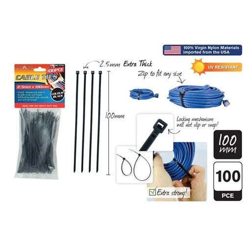 Small black cable ties 2.5x100mm 100 pack