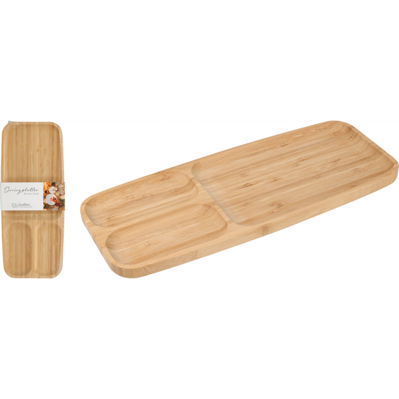 bamboo serving platter with 3 compartments measuring 39 x 16cm