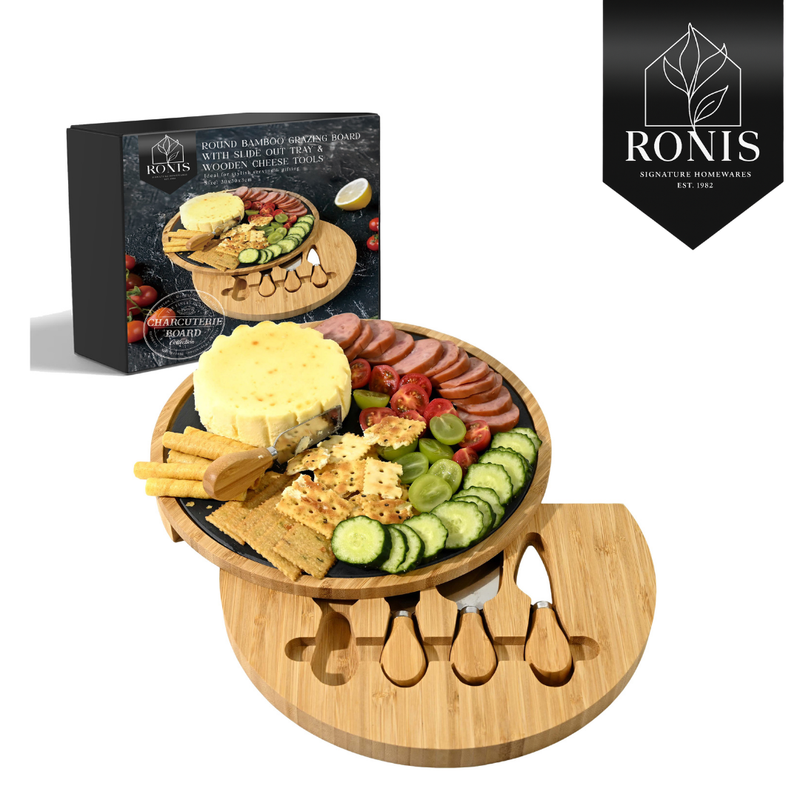 Wooden charcuterie board with food items and RONIS branding