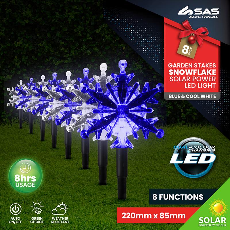 Ronis 8 LED Light Solar Stakes Snowflake 22x7cm Blue and Cool White 8pk