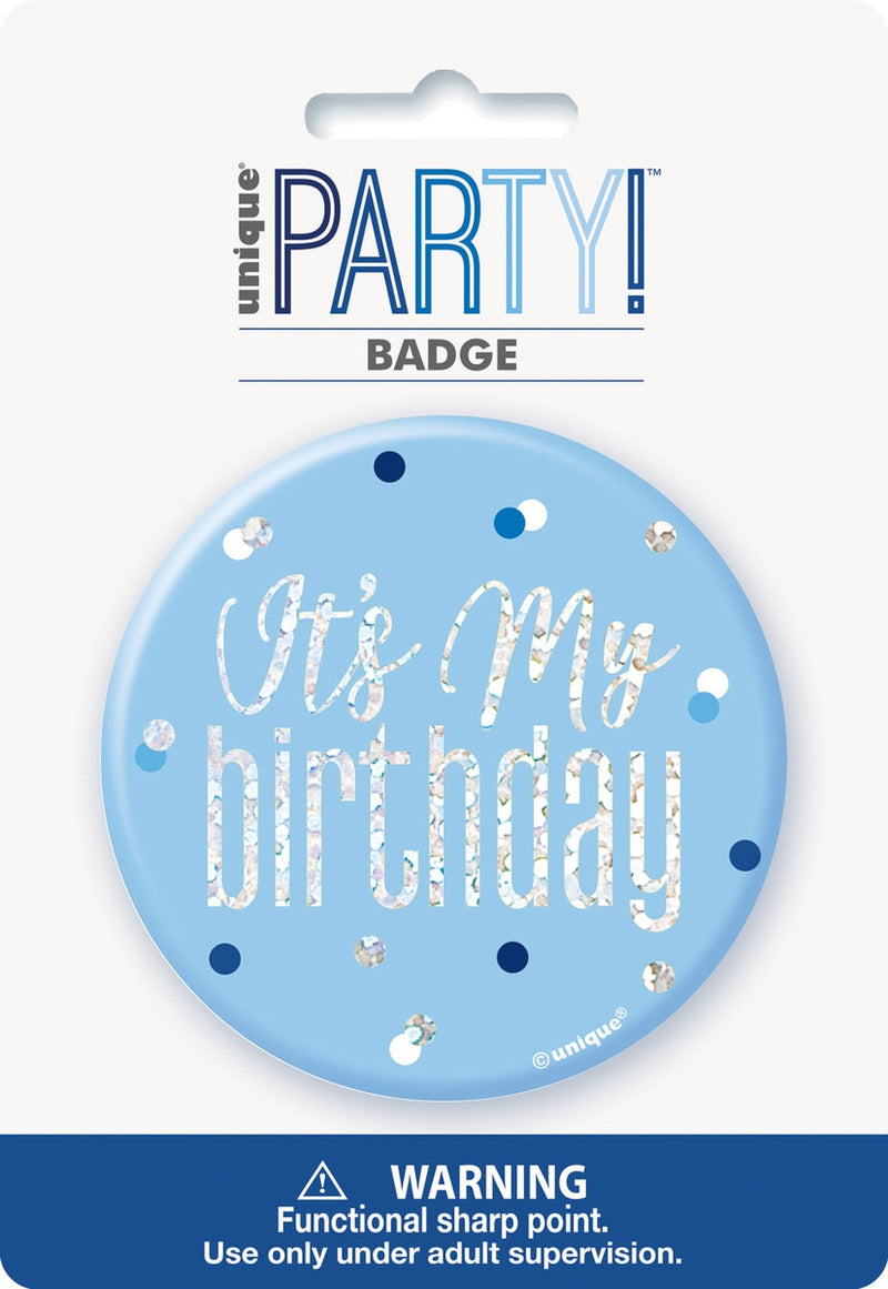 Blue birthday badge It's My Birthday text