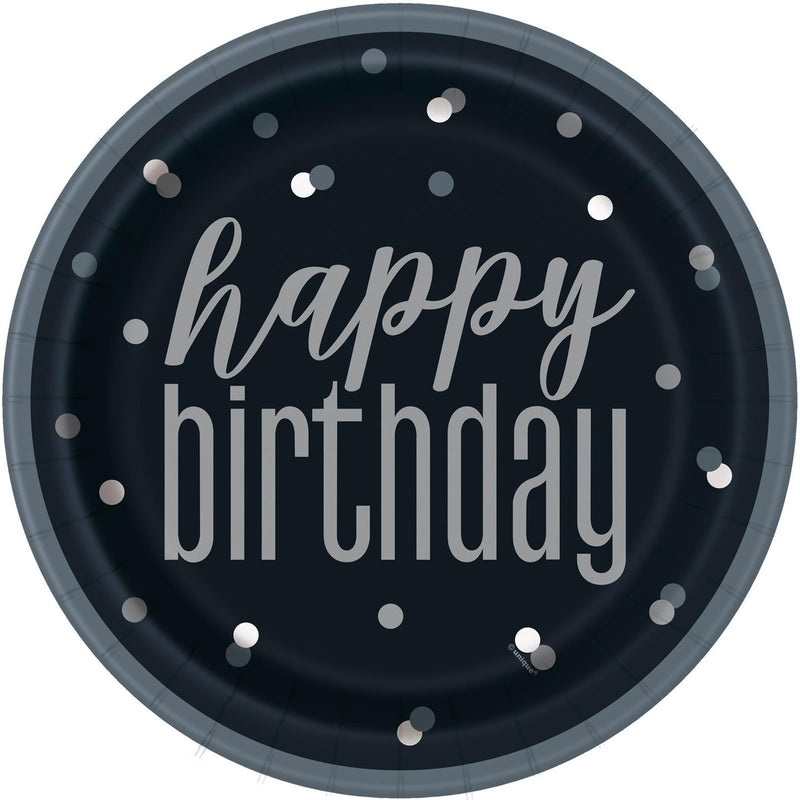 Pack of 8 black and silver happy birthday paper plates