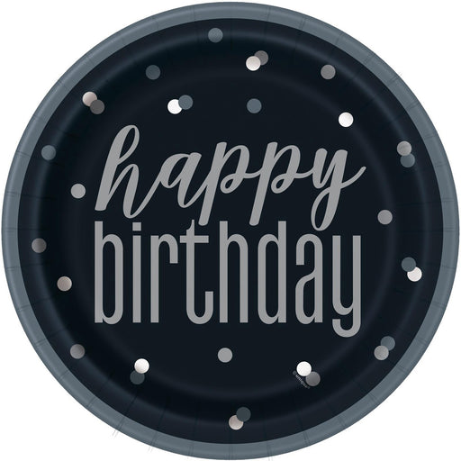 Pack of 8 black and silver happy birthday paper plates