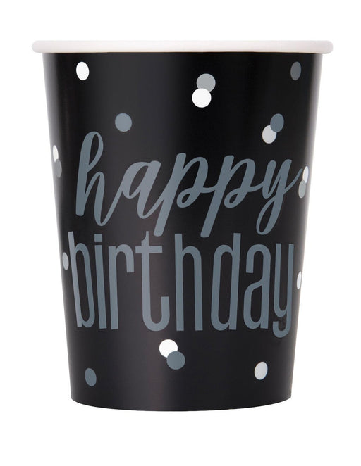 Pack of 8 black and silver happy birthday paper cups