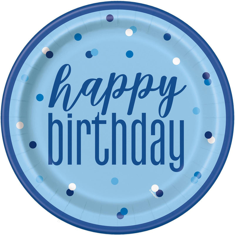 Pack of 8 blue happy birthday paper plates 23cm