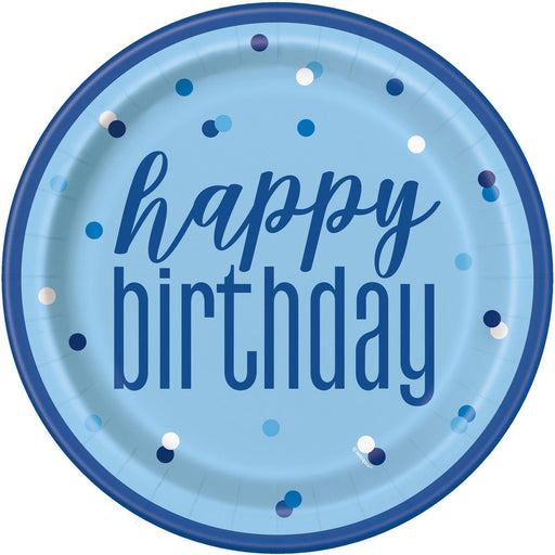 Pack of 8 blue happy birthday paper plates 23cm