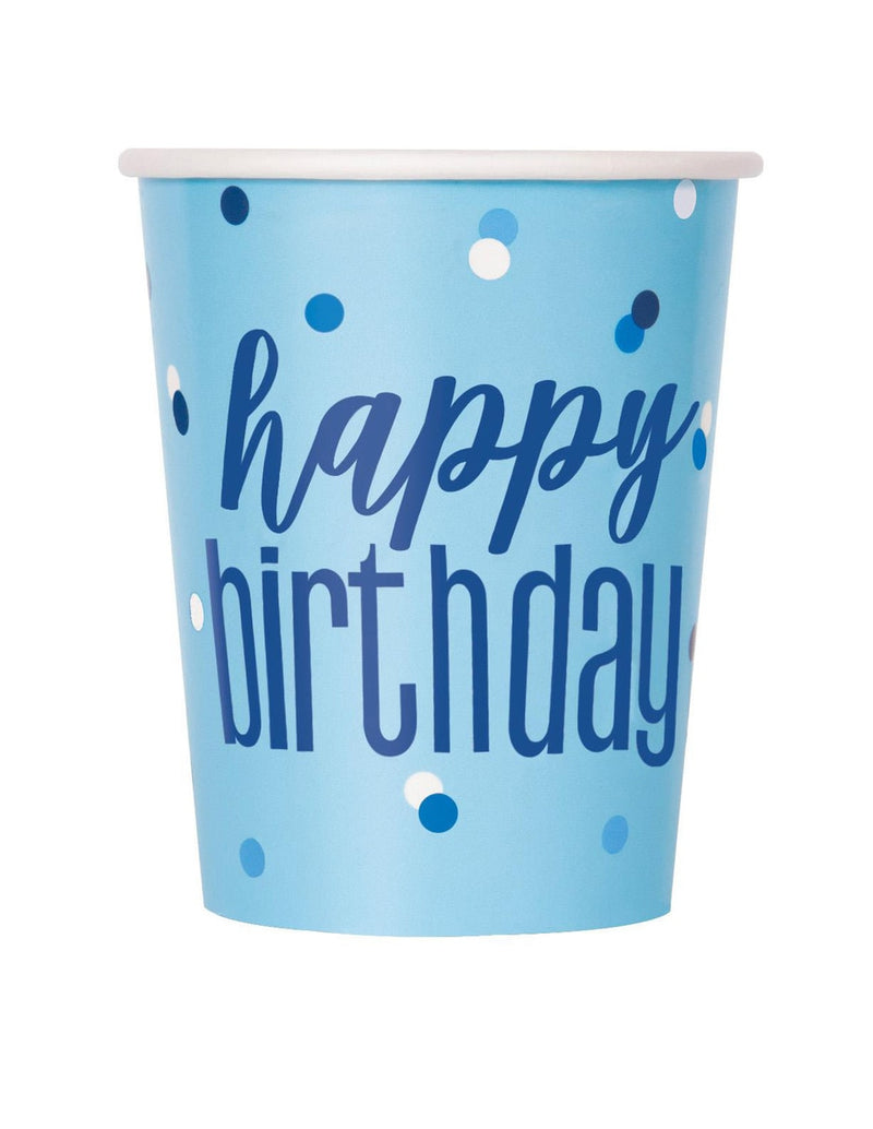 Pack of 8 blue happy birthday paper cups 270ml
