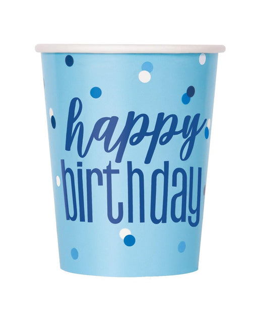Pack of 8 blue happy birthday paper cups 270ml
