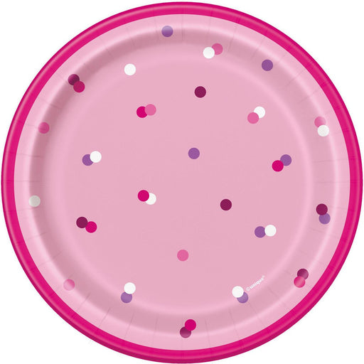 Pack of 8 pink polka dot paper dessert plates