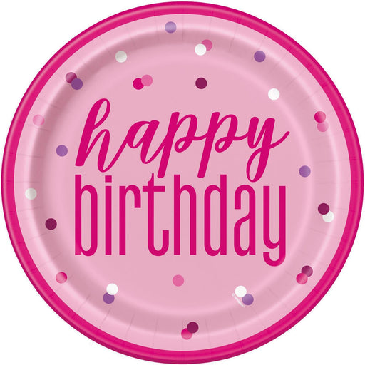 Pack of 8 pink happy birthday paper plates 23cm