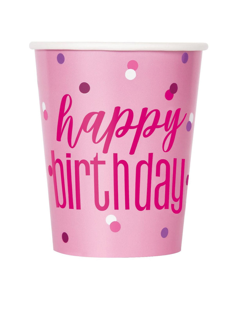 Pack of 8 pink happy birthday paper cups 270ml