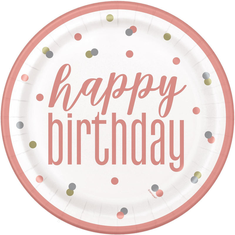 Pack of 8 rose gold happy birthday paper plates 23cm