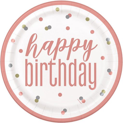 Pack of 8 rose gold happy birthday paper plates 23cm