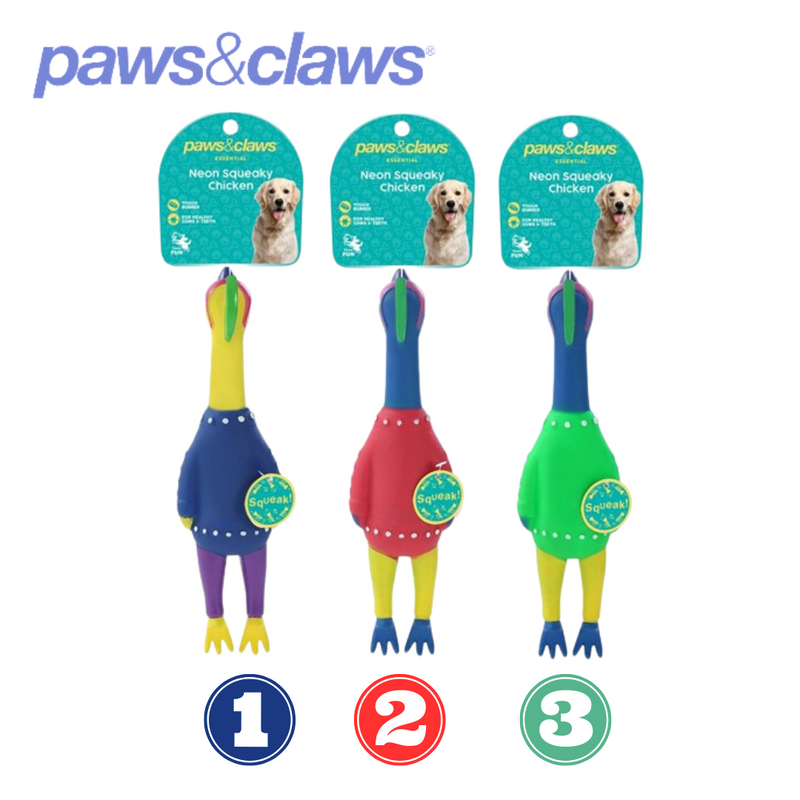 Vinyl Neon Squeaky Chicken 3 Asstd 25x7x4cm