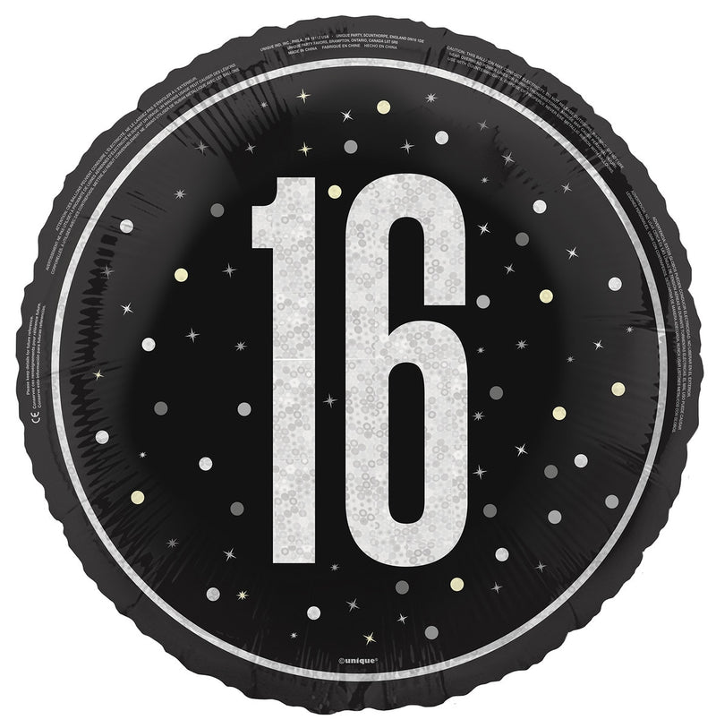 45cm black 16th birthday foil balloon