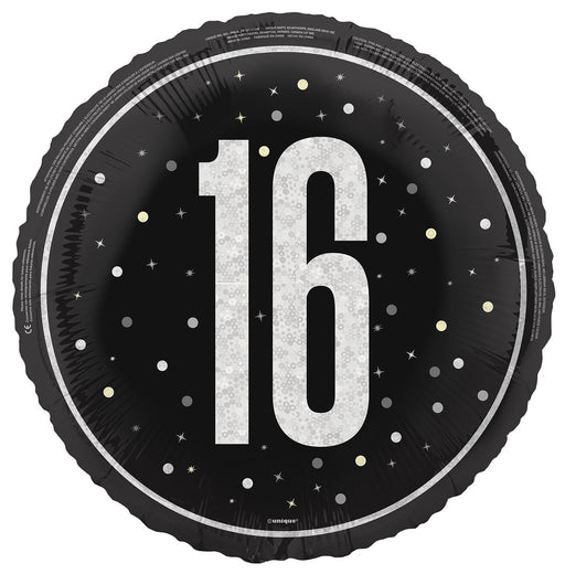 45cm black 16th birthday foil balloon
