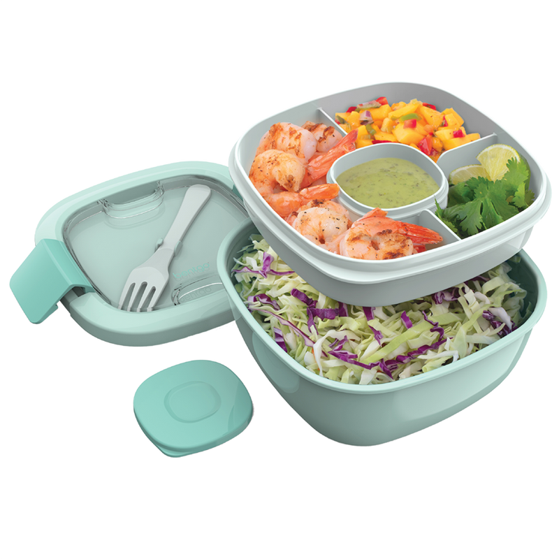 Aqua blue salad lunch container with topping tray