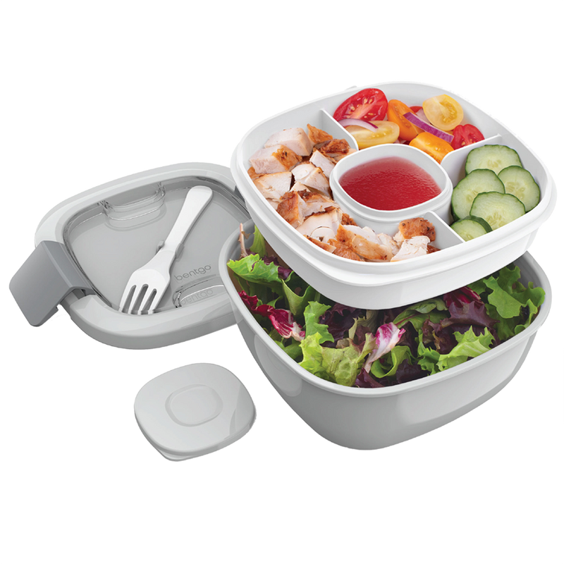Grey salad lunch container with topping tray