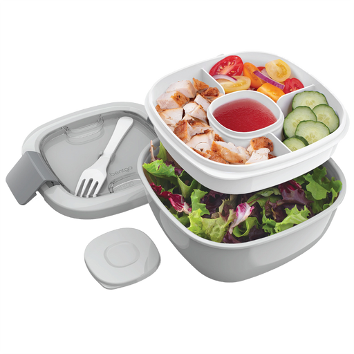 Grey salad lunch container with topping tray