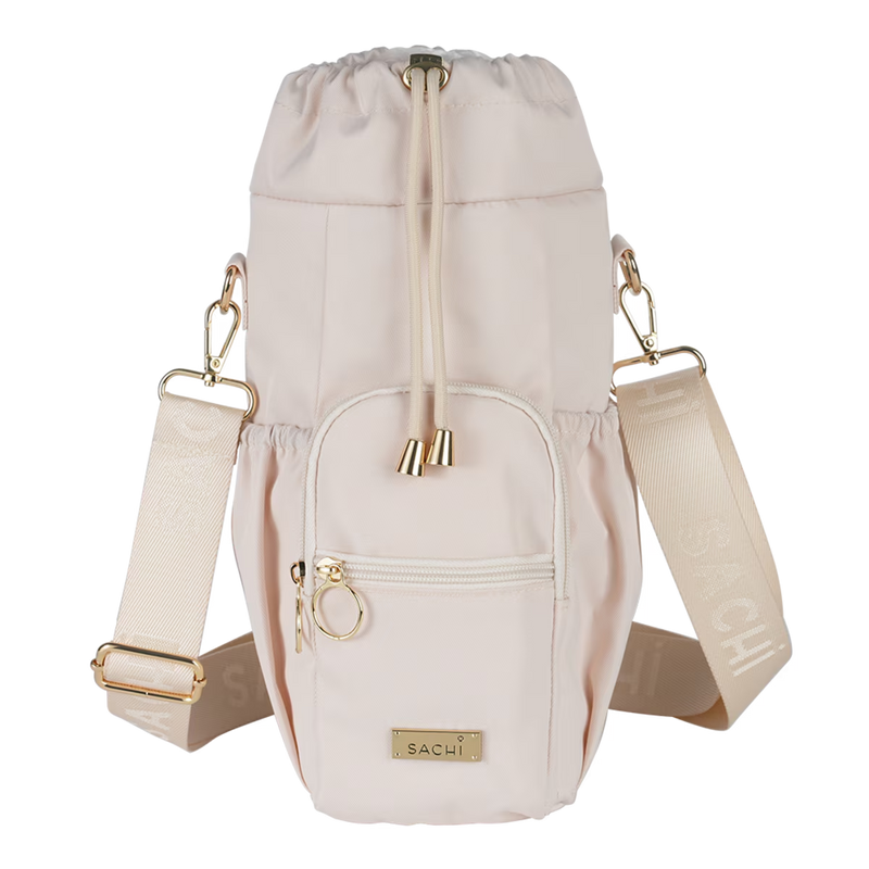 White alabaster crossbody water bottle holder with pocket
