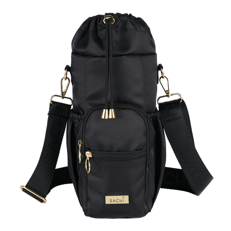 Black crossbody insulated water bottle bag with strap